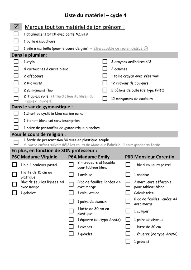Liste de mat&eacute;riel P6